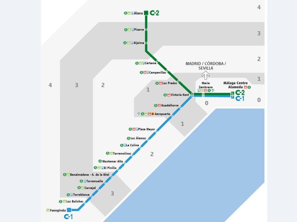 Free train tickets in the Costa del Sol: Renfe map of cercanias, Málaga