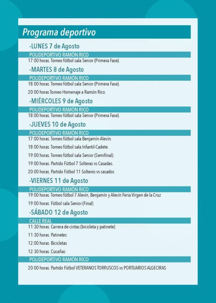 Program for the sport events of the Feria de Benalmadena Pueblo 2023.