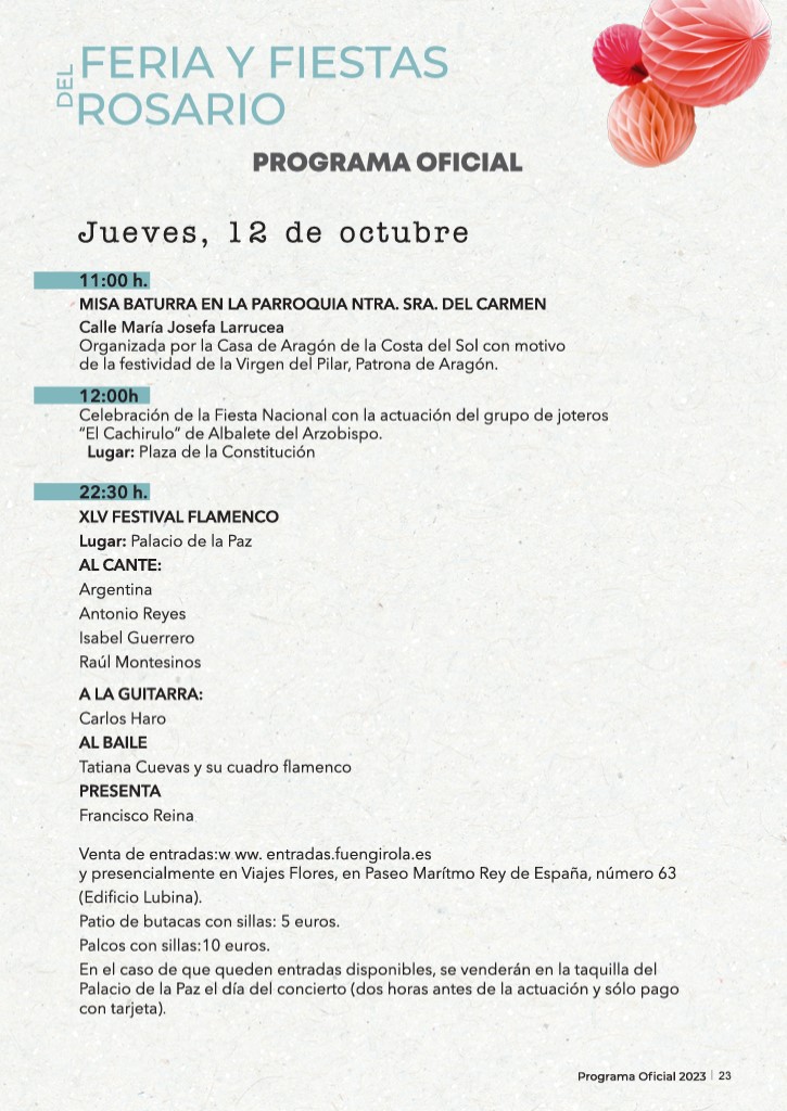 Feria del Rosario 2023 - Program October 12th