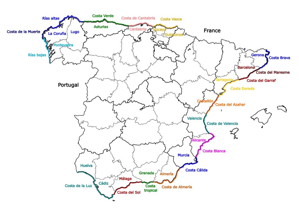 Spanish Costas map, showing each of the 18 Costas in Spain