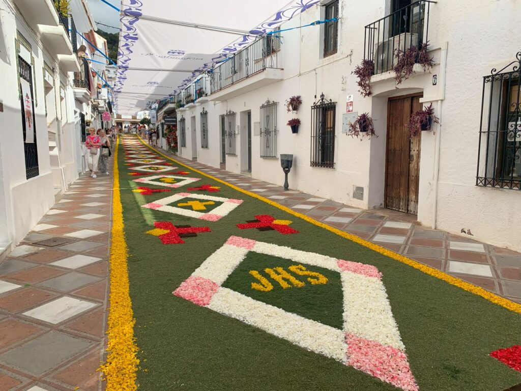 Corpus Christi in Benalmadena Pueblo 2024 flower carpet in Calle Real