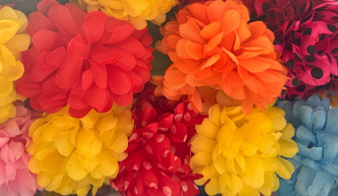 Feria de Malaga (Malaga Fair) 2024. Flamenco flowery hair holders on display.