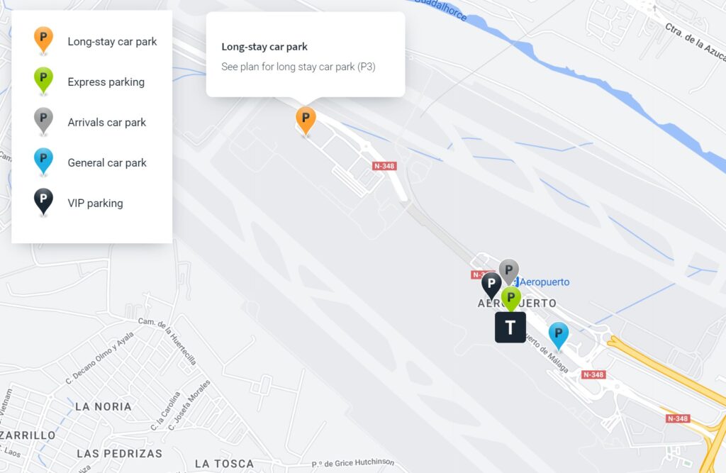 A broader Malaga Airport parking lots map