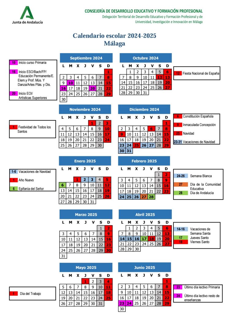 Malaga School Calendar for the 2024/25 school year.