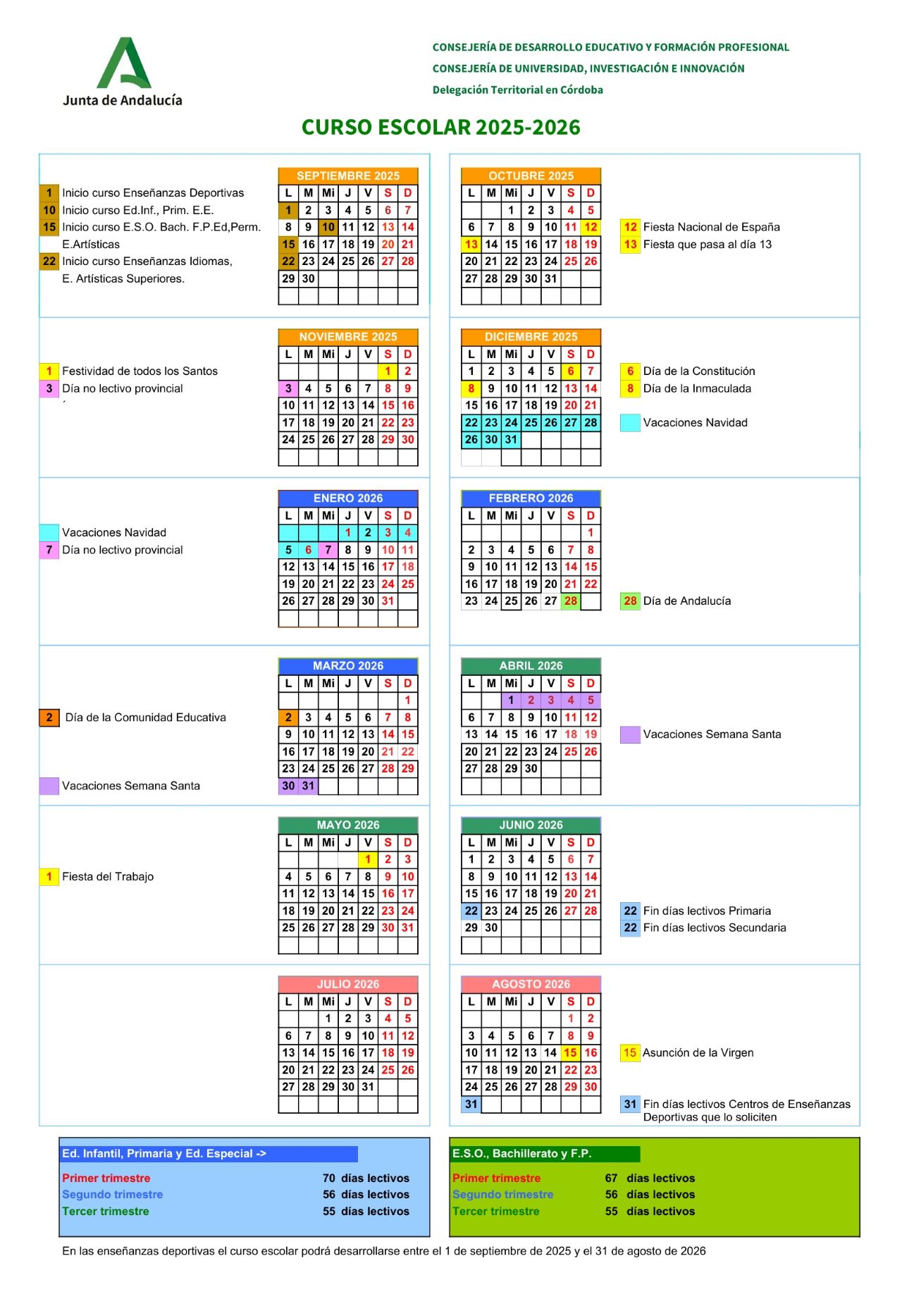 Malaga School calendar 2025/2026