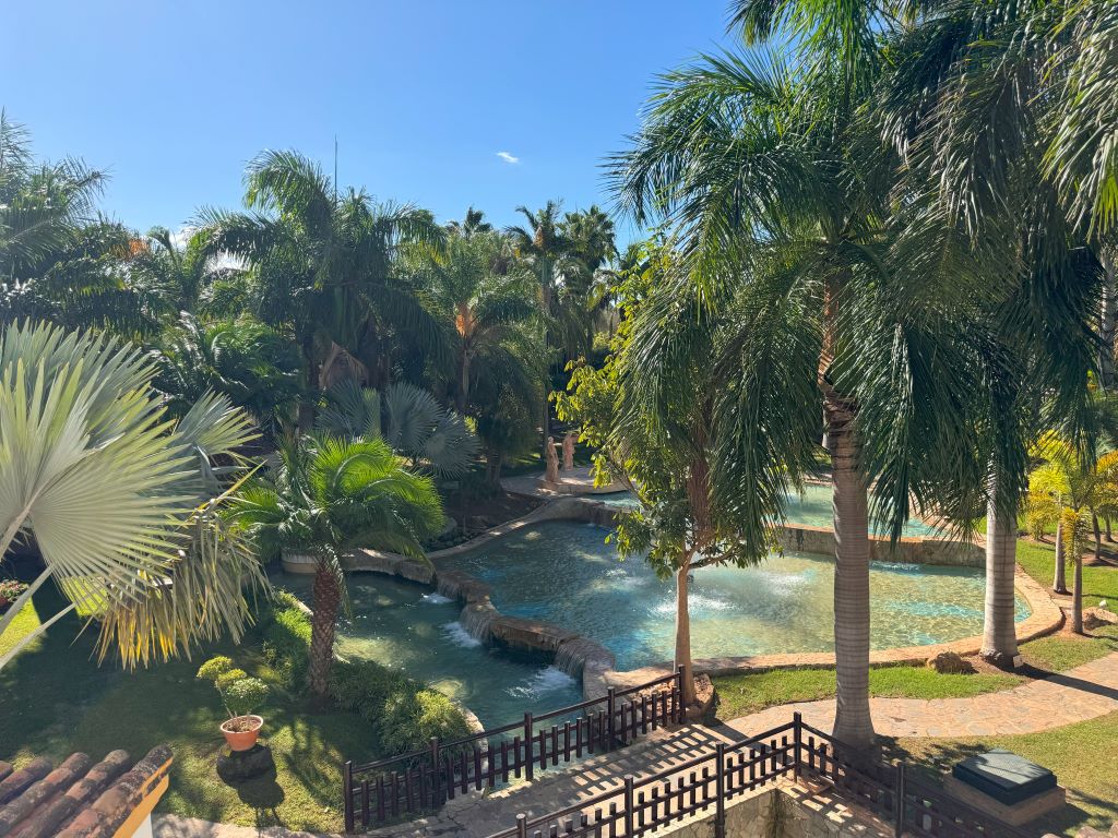 Molino de Inca Botanical Garden in Torremolinos; view of the fountains from the second floor of the museum.