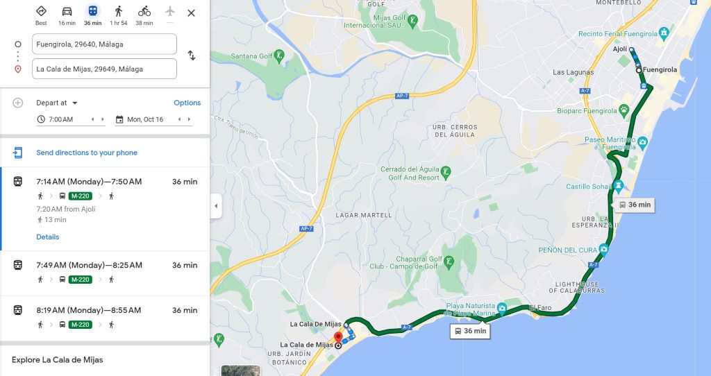 Costa del Sol using Google Maps - a bus route