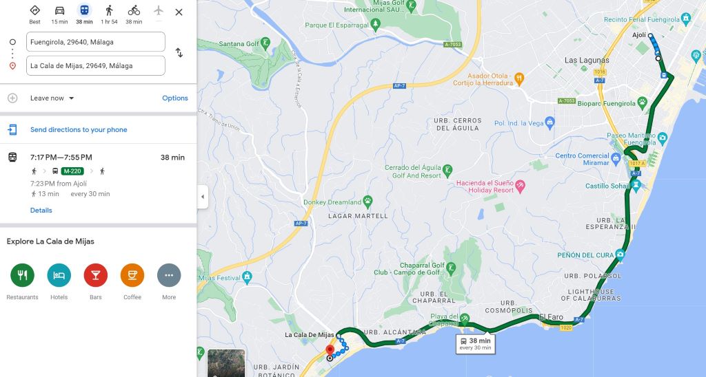 Costa del Sol using Google Maps - a bus route