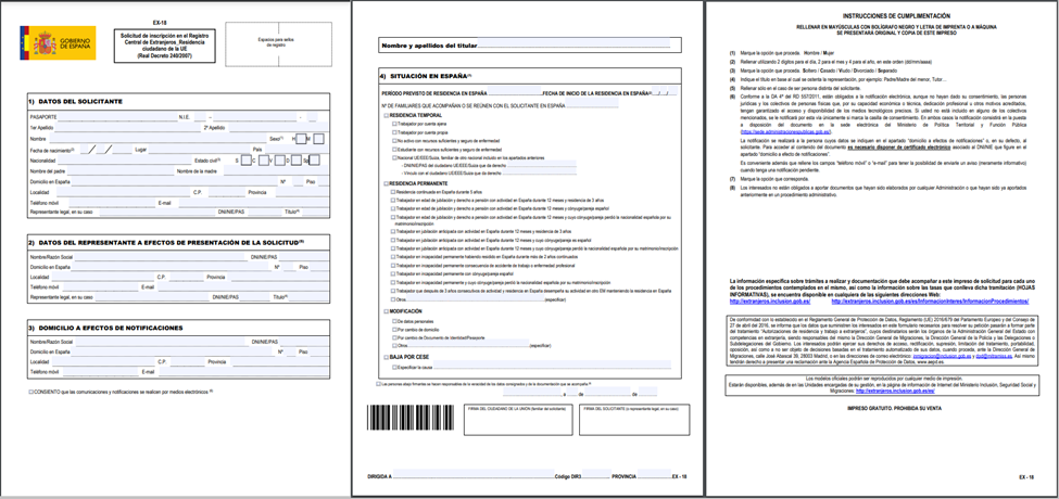 documents and fee for EU citizens residence in Spain - form EX18