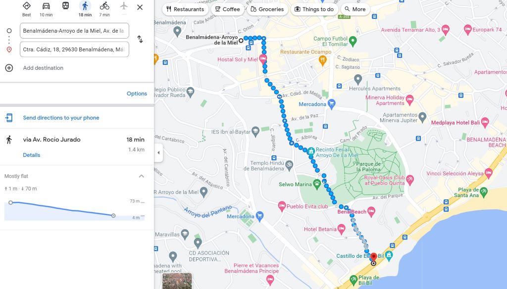 Costa del Sol using Google Maps - walking route