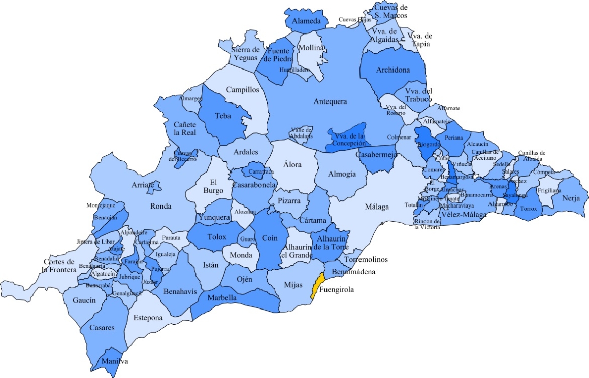 Province of Malaga's Map, with Fuengirola highlighted.