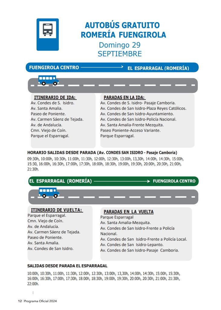 bus schedule during the romeria of Feria del Rosario 2024 in Fuengirola