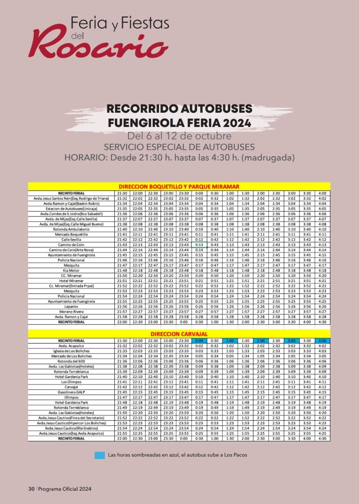 bus schedule during the Feria del Rosario 2024 in Fuengirola