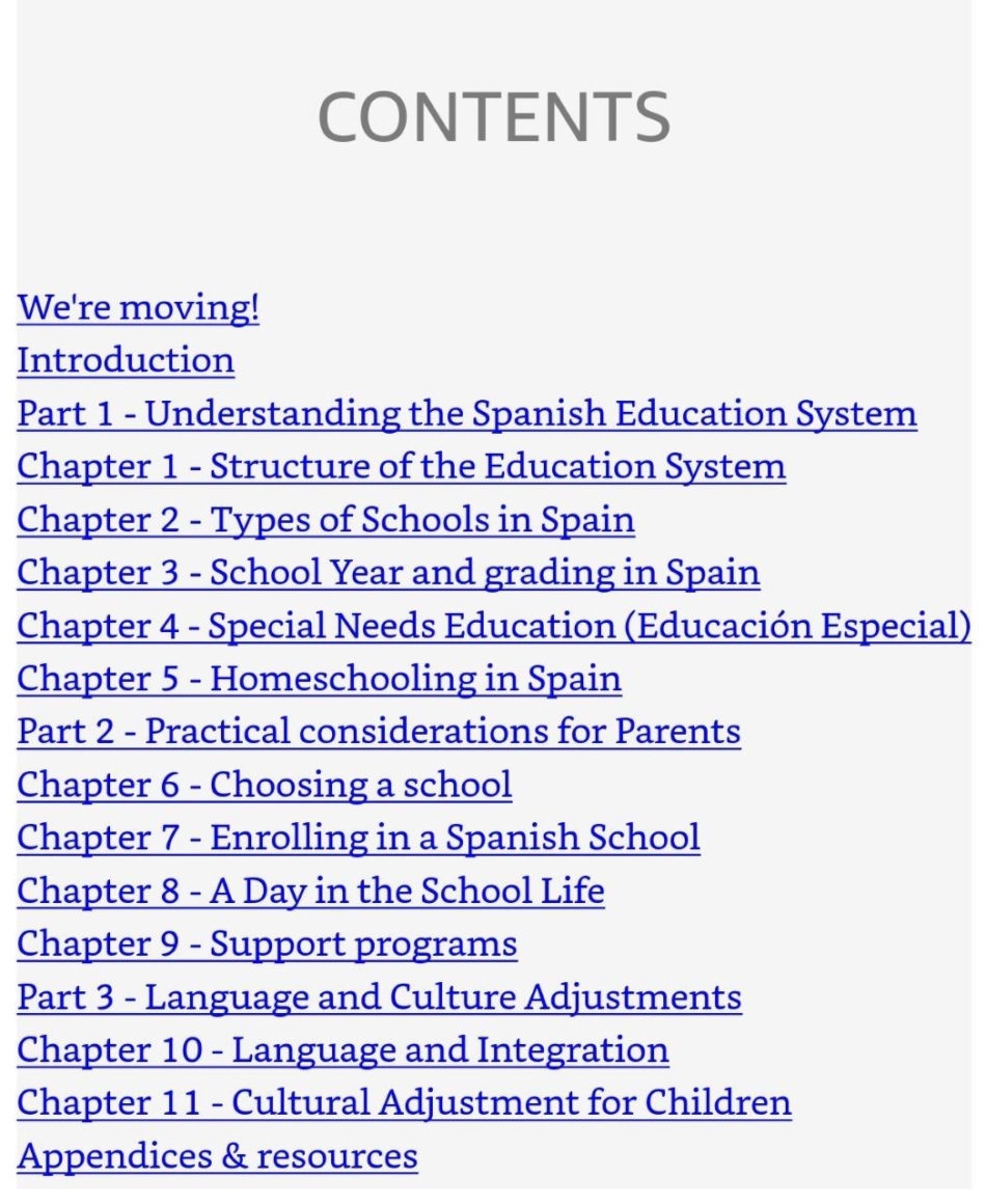 Book about Schools in Spain - contents
